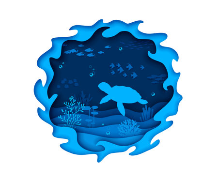 Sea paper cut underwater landscape with turtle and fish shoal silhouettes. 3d vector round wavy frame with serene undersea scene of coral reef and sea plants, reptile and school of fishes in depthのイラスト素材