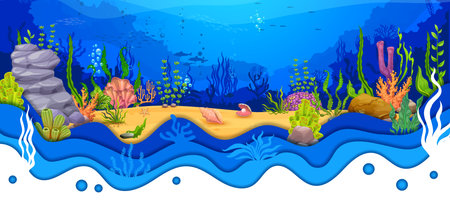 Cartoon sea underwater paper cut landscape with seaweeds, seashells, corals and reefs. Vector ocean bottom, blue water waves, marine animals, bubbles, fish and dolphins with 3d layered papercut borderのイラスト素材