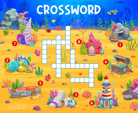Crossword quiz game grid. Cartoon fairytale underwater house buildings cross word puzzle worksheet for kids. Vector brainteaser with shell, submarine, rock and coral, beacon, chest and ruins with boatのイラスト素材