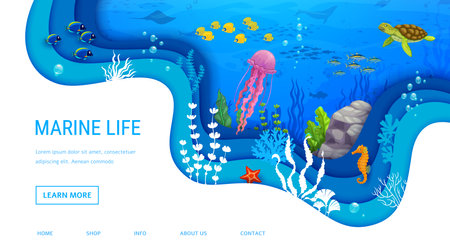 Landing page cartoon sea turtle, jellyfish and tropical fish shoal on paper cut underwater landscape with coral reef and seaweed plants in ocean depth. Vector web banner featuring marine undersea lifeのイラスト素材