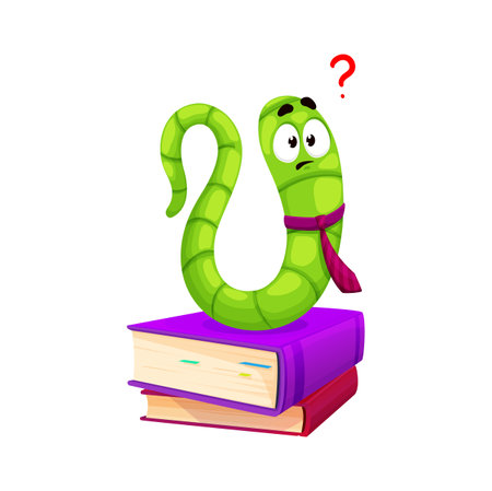 Cartoon bookworm character, book worm animal. Isolated vector confused caterpillar personage sits atop a towering pile of books, wearing a perplexed expression while trying to choose next book to readのイラスト素材