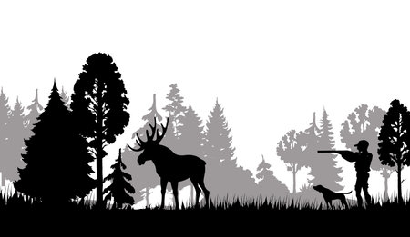 Hunting silhouette. Hunter with shotgun, dog and moose in forest, vector hunt sport. Hunter aiming at wild elk animal on background of nature landscape with pine trees and grass silhouettesのイラスト素材