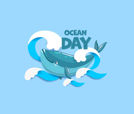 World oceans day. Cartoon whale with paper cut sea waves, vector environment protection, save nature and ecology. Cute sperm whale marine animal swimming in blue water with 3d papercut waves, foamのイラスト素材