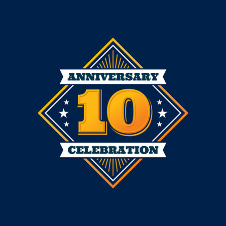 Birthday badge and 10 years anniversary label, jubilee seal, party number mark. Wedding or marriage anniversary celebration number badge, birthday age symbol, jubilee party banner or greeting signのイラスト素材