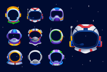 Kids astronaut space helmets, photo booth prop vector mockups. Cartoon spaceman helmets, astronaut space suit masks with antennas, microphones and oxygen tubes photo booth frames for kids partyのイラスト素材