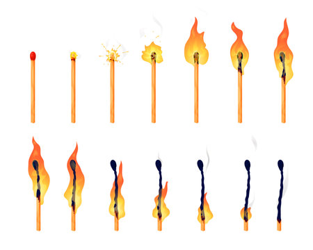 Burning match animation. Cartoon matchstick red sulfur head ignite spark, blazing hot flame movement and match burned wood smoke motion isolated vector animation sequence or loopのイラスト素材