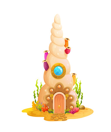 Cartoon shell, underwater house building or undersea home, vector fairy dwelling. Mermaid home in underwater seashell with windows and door, sea and ocean creature fairytale house in coral reefのイラスト素材