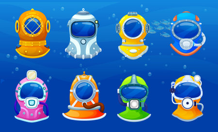 Cartoon diver helmets or underwater aqualung masks, vector photo booth or video chat effects. Scuba diving retro aqualung helmets of diver for app face effect or photobooth frame in mobile appのイラスト素材