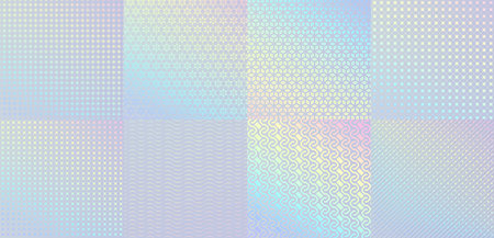 Hologram texture patterns, glitter foil with rainbow gradient. Official certificate neon vector hologram print, foil iridescent background or texture, rainbow gradient patterns setのイラスト素材