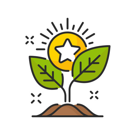 Money plant icon, vector loyalty bonus or benefits growth, prize or reward of customer discount program. Color line growing plant with gold coin, star and green leaves, customer loyalty incentiveのイラスト素材