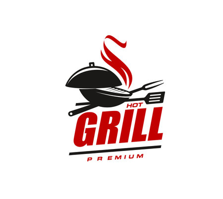 Bbq grill icon, isolated vector emblem for barbecue party celebration. Black and red label with cast-iron cauldron with grate, fire, spatula and fork. Sign for cooking event, picnic on nature, foodのイラスト素材
