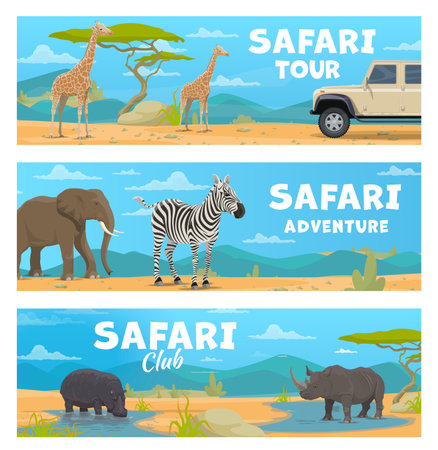 Animals safari hunting with Africa landscape vector background. Cartoon car of savannah adventure tour, forest trees, elephant, rhino and hippo, giraffes and zebra animals. African safari travel tourのイラスト素材