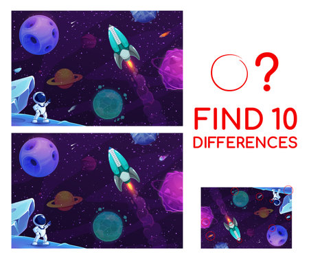 Find ten differences on galaxy space landscape matching game vector worksheet. Kids puzzle quiz with cartoon fantasy planets, astronaut and rocket, asteroids and comets on starry sky backgroundのイラスト素材
