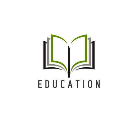 Education book, library, store, dictionary vector icon. Open book isolated symbol with green paper pages, black cover and bookmark. Education, knowledge and literature sign for bookstore emblemのイラスト素材