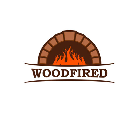 Fireplace, firewood chimney and hearth icon with fire flames on wood, vector hot oven furnace symbol. Pizza, food restaurant or grill bar and bakery sign of fireplace and firewood with chimneyのイラスト素材