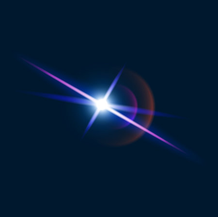 Light flare shine, flash glow and sparkle effect of star burst, vector background. Sparkle flare, glitter glow and shiny sun or camera flash effect, sunlight or ray beam lens flare in blue dark skyのイラスト素材