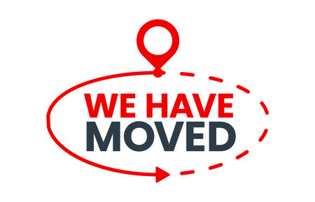 Have move icon. We have moved sign. Store address change announcement, business change location or shop moving vector pictogram, business relocation symbol or label with arrow and navigation pinのイラスト素材