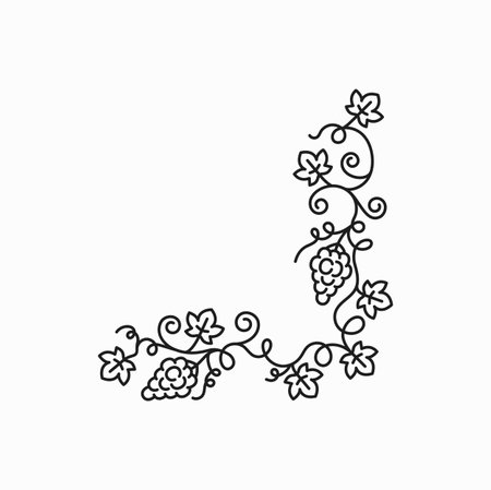 Grape vine bunch with leaves, corner outline decor and ornament with grapes. Vector vintage wine decor ornament border thin lineのイラスト素材