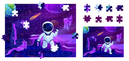 Cartoon space jigsaw puzzle game pieces. Astronaut on planet surface. Part find worksheet, block connect vector puzzle quiz with cosmonaut character in outerspace, solar system planet and meteoriteのイラスト素材