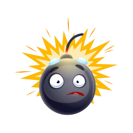 Cartoon exploding bomb character with wick or fuse. Explosive, weapon scared personage. Detonating dynamite, explosion or grenade shocked vector character. Isolated bomb funny mascot with scared faceのイラスト素材