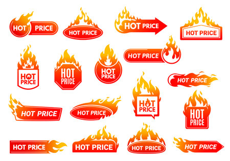Hot price deal promotion labels with flames. Shop sale or discount promotion vector banner, product price drop advertising label or badge, discount round, line and square sticker with hot fire flamesのイラスト素材