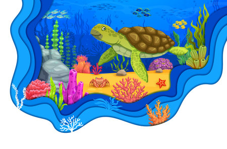 Cartoon turtle, corals and seaweeds on sea underwater paper cut landscape. Vector coral reef bottom with ocean fish shoals, crab, sea turtle and algae plants with 3d layered border of blue wavesのイラスト素材
