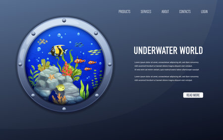 Landing page, porthole with sea paper cut underwater landscape, vector cartoon fish shoal and seaweeds. Undersea website template with coral reef world in submarine or bathyscaphe boat potholeのイラスト素材