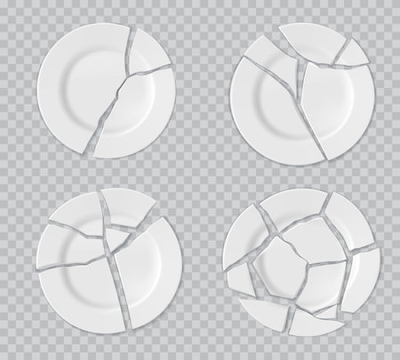 Ceramic broken plates with cracks. White porcelain shattered kitchenware, 3d realistic vector broken plates with sharpe fragments, restaurant dishware or tableware split on piecesのイラスト素材