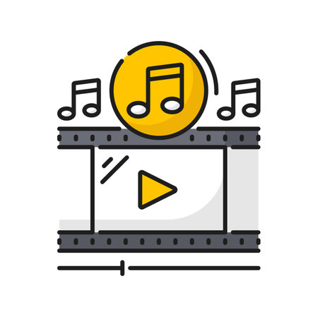 Cinema soundtrack, video production icon. Filmmaking industry, video art or movie festival thin line vector symbol. Cinematography studio minimal sign or pictogram with film strip and music notesのイラスト素材