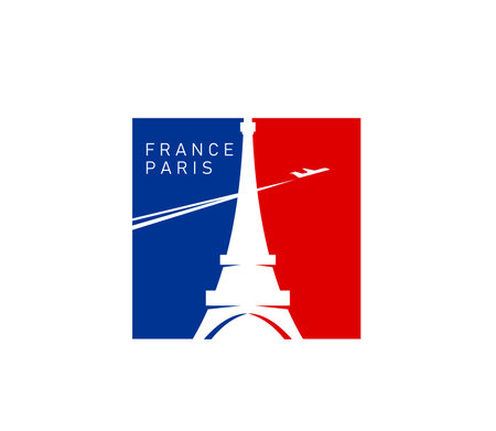 Paris Eiffel tower on France flag, French travel landmark and culture vector emblem. Paris Eiffel tower with flying plane icon for France tourism, tourist city trips and national day celebrationのイラスト素材