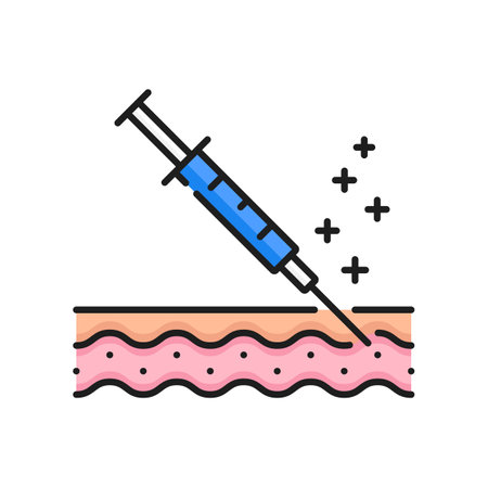 Skin care injection, dermatology line icon. Aesthetic injectables, face skin lifting, anti aging procedure or treatment outline vector sign. Mesotherapy, neurotoxin injection pictogram with syringeのイラスト素材