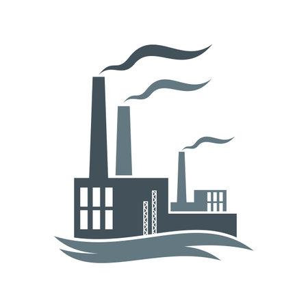 Factory, industrial plant or power station icon. Vector building of chemical or energy industry with smoke, chimneys and pipes. Electricity production, gas and oil refinery plant or factory buildingのイラスト素材