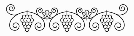 Wine decor ornament frame, bunch of grape on stem, vineyard swirls and leaves, clusters outline icon. Vector organic ripe berries, vine border ornamentのイラスト素材