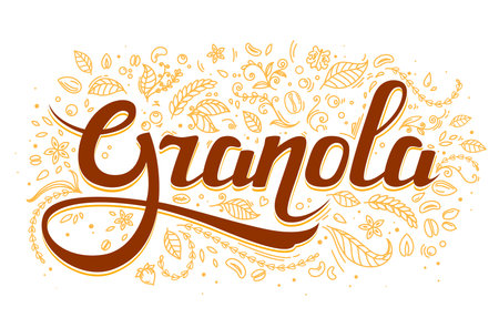 Granola cereal food label or oatmeal muesli food package, vector letters for breakfast snack. Granola background with linear wheat spikes, nuts and grain for organic healthy muesli and porridge mealのイラスト素材