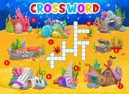 Cartoon underwater landscape with house buildings, crossword quiz game, vector grid. Kids crossword quiz worksheet with undersea world houses and dwelling shelters in coral, seashell and sunken shipのイラスト素材