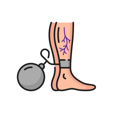 Varicose veins disease, hardness and swelling in legs outline icon. Vector woman thrombosis in legs, chains with dumbbell. Chronic venous insufficiencyのイラスト素材