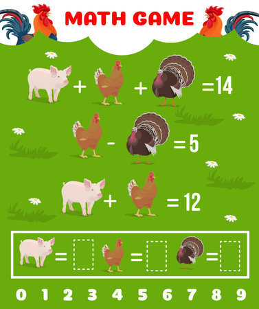 Cartoon farm animals, math game worksheet quiz, vector education puzzle. Kids math quiz of equations with farm pig, chicken and turkey for mathematics addition, subtraction and count skill practiceのイラスト素材