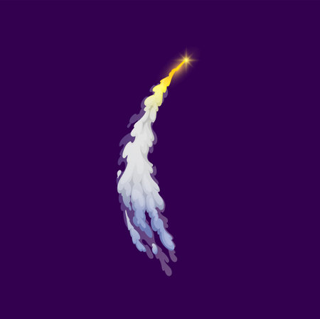 Cartoon rocket launch smoke trail. Space rocket or jet airplane flight fiery trace, asteroid or comet fireball track, plane flight vector trail. Shuttle spacecraft or missile propulsion flame contrailのイラスト素材