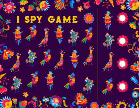 I spy game, Mexican and Brazilian parrots with floral motif, vector kids puzzle worksheet. Find and match two same tropical birds, quiz game with colorful parrots and Mexican or Brazilian flowersのイラスト素材