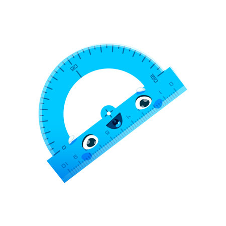 Cartoon protractor character or school education mascot, vector happy cute student ruler. Back to school funny protractor ruler with smile face for children study in college or elementary schoolのイラスト素材
