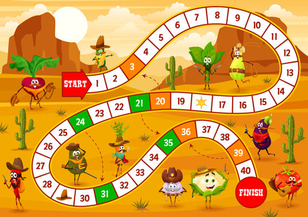 Kids step board game. Cartoon cowboy, bandit, sheriff and ranger vegetable characters. Dice game, roll and move race game vector worksheet with beet, garlic, cucumber and spinach, zucchini, avocadoのイラスト素材
