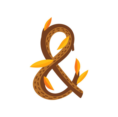 Ampersand punctuation mark of branch with leaves, alphabet sign isolated cartoon Thanksgiving font element, twig and yellow leafのイラスト素材