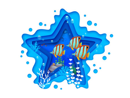 Starfish shape of sea paper cut landscape with cartoon tropical fish shoal and seaweeds. 3d vector undersea frame full of life with colorful exotic butterfly fishes and plants swaying in water currentのイラスト素材