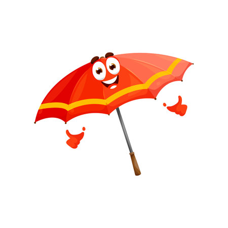 Cartoon red umbrella character. Cute and funny vector parasol with smiling face showing thumb up and positive emotions. Isolated personage for weather or climate forecast, kids book or game, emojiのイラスト素材