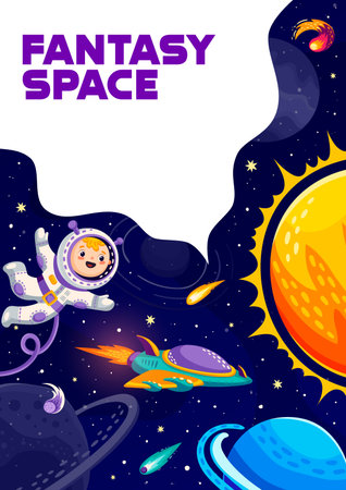 Cartoon space poster with kid astronaut, sun, planets and spaceship. Outerspace adventure, cosmos discovery vector poster with boy in spacesuit, future spaceship, solar system planets and cometsのイラスト素材