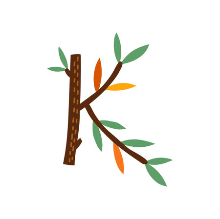 K letter of autumn alphabet sign, isolated ABC of Thanksgiving day.. Vector English or Latin alphabet type, funny tree with leavesのイラスト素材