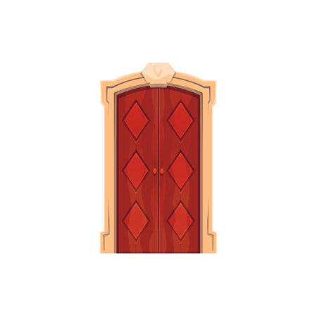 Front door with doorway. Isolated vector elegant vintage red wooden gates with textured rocky doorjamb surface and geometric rhombus pattern. Cartoon closed luxury entrance portal of hotel or houseのイラスト素材