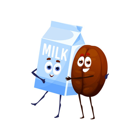 Cartoon happy coffee bean and milk characters. Childish and comical coffee beam walking together and hugging with box of milk vector characters. Fast food restaurant hot drinks, coffeeshop cute mascotのイラスト素材
