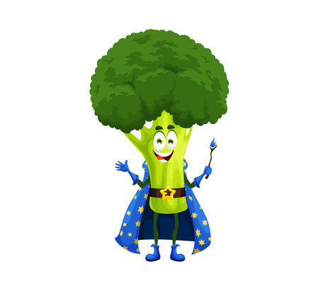 Cartoon Halloween broccoli wizard character. Isolated vector warlock vegetable personage holding spellbinding wand, dressed in blue cape with stars. Natural healthy food, fantasy fairy tale veggiesのイラスト素材