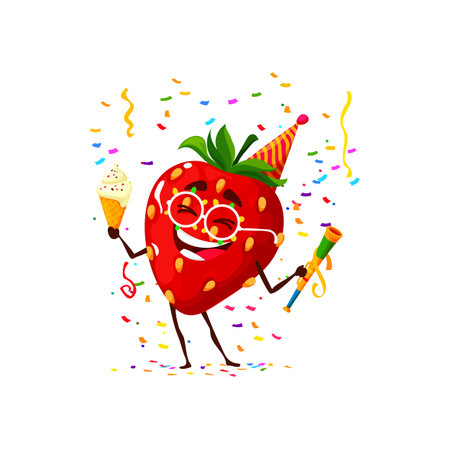 Cartoon strawberry berry character, birthday holiday. Kids holiday event happy character, children party or birthday celebration cute berry vector mascot or comical strawberry personage with ice creamのイラスト素材